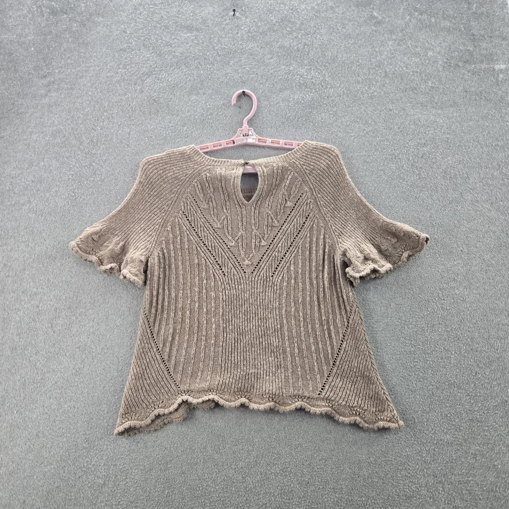 Anthropologie Women Sweater M Taupe‎ Wool Blend Pointelle Geometric Ruffle